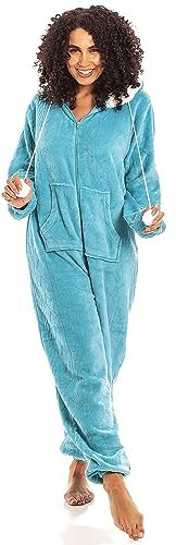 Camille Combinaison à capuche super douce avec fermeture éclair pour femme – Polaire de luxe épaisse tout en un – Manches longues avec poignets élastiques pour un confort et une chaleur ultimes, bleu