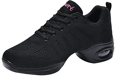 Damen Mesh Geteilte Sohle Jazzschuhe Lace Up Tanzsneaker Modern Tanzschuhe Atmungsaktiv Fitness Wanderschuhe Schwarz 42