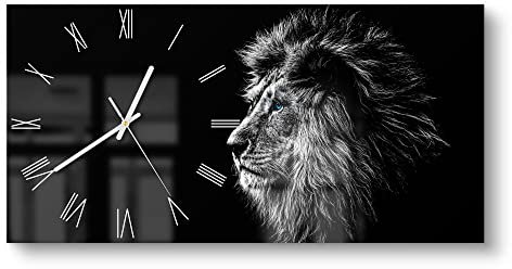 DEQORI Glasuhr | vertikal 60x30 cm | Motiv König der Tiere im Profil | große XXL Design Uhr aus Glas | leise Wanduhr für Wohnzimmer & Küche | moderne Hingucker Uhr für die Wand