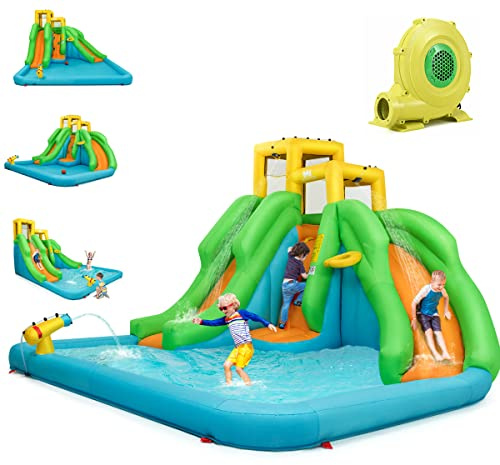 COSTWAY Château Gonflable Enfants avec Souffleur 680W et Toboggan Double, Parc Aquatique Gonflable avec Mur d'escalade, Panier, Piscine, Canon à Eau, Charge 160kg pour 3 Enfants de 3-10 Ans