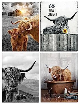 Highland Cow Wandkunst Leinwand Bauernhaus Wanddekoration Kuh Drucke Poster Set mit 4 Tierbildern für Wohnzimmer Schlafzimmer Badezimmer Dekor 8 x 10 Zoll x 4 Stück (ohne Rahmen)