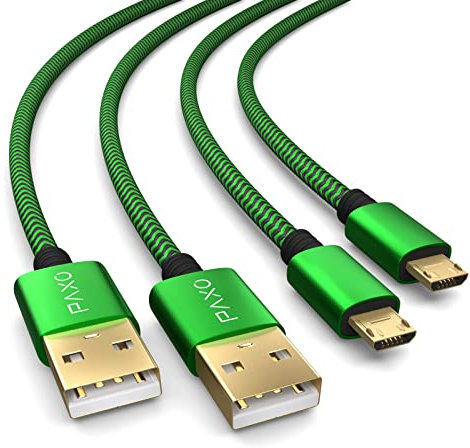 2x 4m Câble de Charge pour Manette PS4, Micro USB avec Gaine en Tissu Nylon et Connecteur Aluminium, Vert/Noir