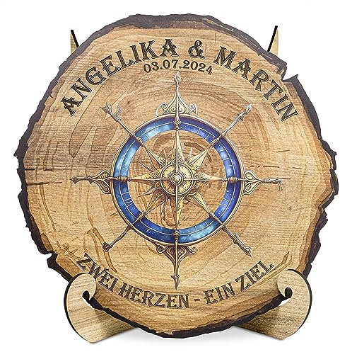 DARO Design - Scheibe Individualisiert - Gravur Personalisiert Name Datum Wunsch-Text - Windrose Kompass 45cm - Holz-Optik - mit edlem Ständer Staffelei