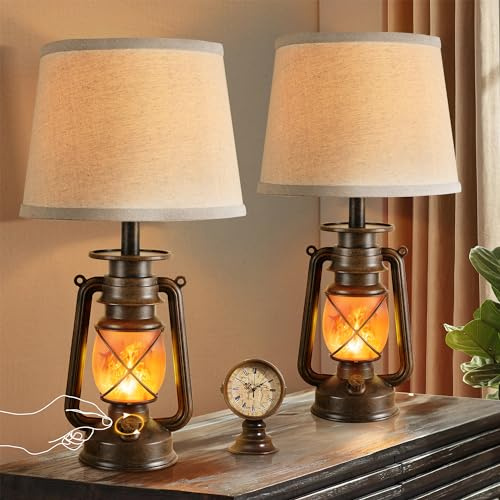 LEDIARY 18.72 LED Vintage Lantern Flickering Flame Table Lamps for Bedrooms Set of 2, Small Farmhouse Rustic Vintage End Table Lamps, Halloween Decorative Lantern Bedside Lamps for Living Room
