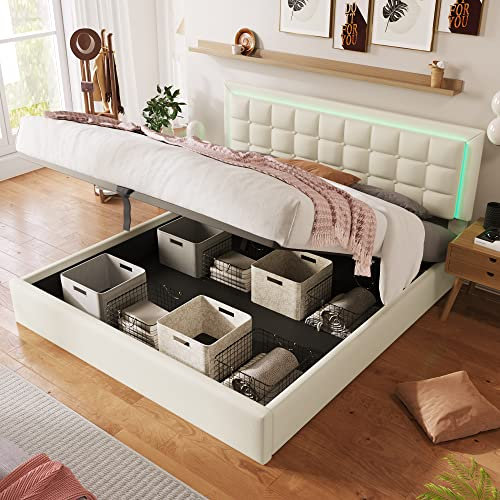 Tkopy Doppelbett 160x200, Polsterbett mit Stauraum und LED-Kopfteil, Bett mit Lattenrost, Stauraumbett Hydraulisch Rückenlehne Polsterbett Jugendbett Funktionsbett, Kunstleder, Weiß, ohne Matratze
