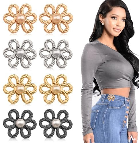 RabbFit 4 Sets Flower Jeans Button Pant Waist Tightener, Adjustable Waist Buckle Sets No Sew,Jeans Buttons, Pins, Women, Sewing, Waistband Stretcher, Trouser Clips for Loose Waist