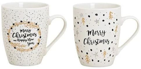 Dekohelden24 Porzellan Kaffeetasse - Becher als 2er Set, Sprüche Merry Christmas, Fassungsvermögen 300ml, Maße L/B/H 8 x 12 x 10 cm
