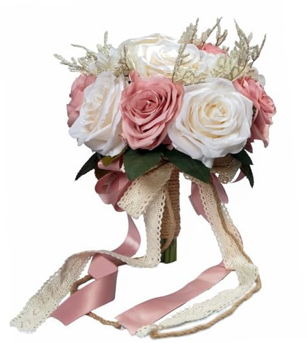 LEIFENY Hochzeitssträuße für Braut, Champagner Weiß & Rosa Rose Brautsträuße für Braut, Künstlicher Blumenstrauß für Hochzeit, Brautjungfernsträuße mit Seidenband, Valentinstag, Dekoration