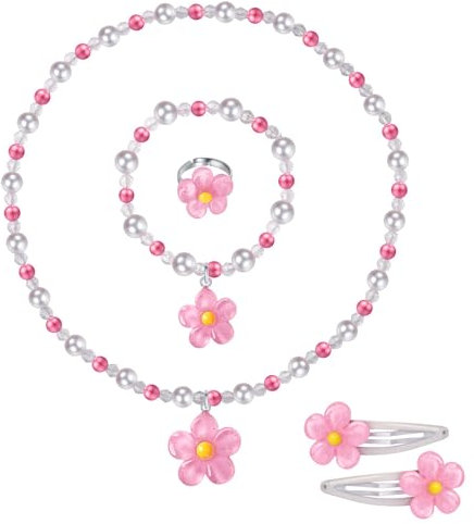 Kryzalite Mädchen-Blumen-Schmuckset, 5-teiliges Rosa Tasche-Set mit Perlenkette, Armband, Ring und Haarspangen, Kleiner Prinzessinnenschmuck (rosa)