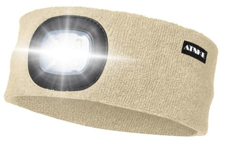 ATNKE LED Beleuchtetes Stirnband, Wiederaufladbare USB Lauf Stirnbänder mit Licht Extrem Heller 4 LED Lampe Winter Warme Stirnlampe für Herren und Damen Geschenke/Beige