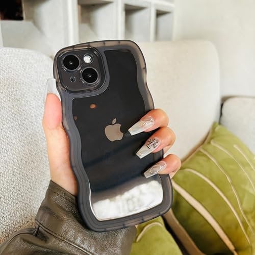Jusnfu for iPhone 15 Pro Case 6.1 inch 2023, Cute Kawaii Aesthetic Wavy Edge iPhone 15 Pro Case for Women Girls Men, Soft TPU Full Protective Phone Case Cover, Clear Black, iPhone 15 Pro Case