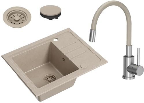 VBChome Spülbecken Granit Beige mit Armatur 55 x 44 cm Einzelbecken Einbauspüle Gesprenkelt Reversibel Granitspüle Siphon Waschbecken Armatur mit Flexiblem Auslauf