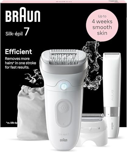 Braun Silk-épil 7, Epilierer Damen / Haarentferner für langanhaltende Haarentfernung, Mini-Rasierer für den Körper,Ladyshaver, Rasieraufsatz und Trimmeraufsatz, 7-441, Weiß/Silber