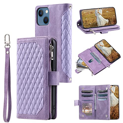 QLTYPRI Wallet Case for iPhone 15(6.1 inch),Luxury Quilted PU Leather Wallet Case with Card Slots for Women,Magnetic Zipper Purse Case with Wrist Strap Kickstand Shockproof Flip Cover-Purple