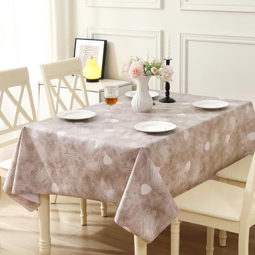 Rayapot Mantel Plastico Lavables, Manteles Antifouling, Resistente, Cubierta de Mesa PVC Impermeable, Fácil de Limpiar, para Cocina Comedor Mesa Protección Decoración -140x140cm (Pluma-Marrón Gris)