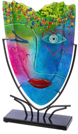 GILDE GLAS art große Deko Vase Gesichtsvase - handbemalte Glasvase mit Metall Ständer - Dekoration Wohnzimmer Höhe 49 cm mehfarbig