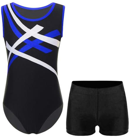 Yruioon Jungen Turnanzug Gymnastikanzug Ärmellos Ballettanzug mit Shorts Kinder Ballett Trikot Gymnastik Leotard Turnen Akrobatik Anzug Blau&Schwarz 146-152