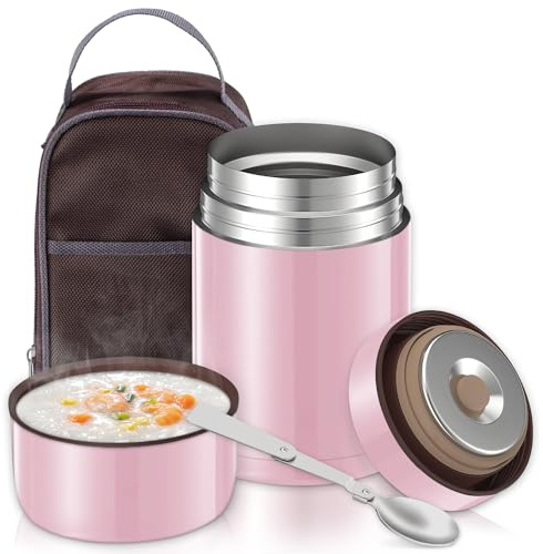 Termo Comida Caliente 801ml, Termos para Acero Inoxidable Termico Comida Recipiente Caliente con Bolsa Aislada e Cuchara Plegable, Termo para Solidos y Líquid, Rosa