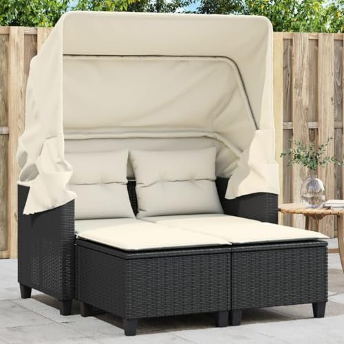 Willood Gartensofa 2-Sitzer mit Dach und Hockern Cremeweiß und Schwarz Poly Rattan Outdoor Sofa Gartenmöbel, Garten Lounge Set Terrasse, Terrassenmöbel Zweisitzer,mit Vordach