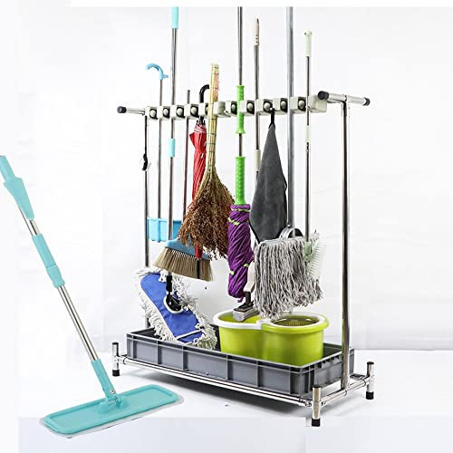 Movable Mop Broom Holder,Commercial Floor Standing Mop Rack, Cleaning Supplies Organizer,Stainless Steel Garden Tool Storage,Umbrella Stand,House Organization Must Haves