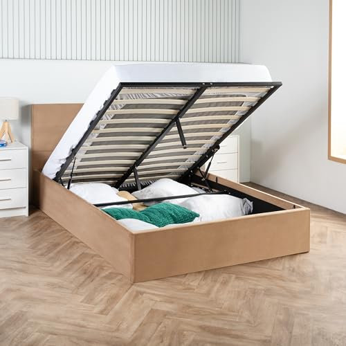 Home Treats Ottoman Bed Frame Double Storage Bed 4ft6 Brown Tan Luxury Padded Velvet Upholstery Bed With Storage (No Mattress, Double)