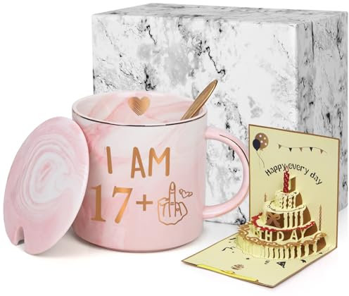 Joymaking 18. Geburtstag Geschenke für Mädchen Kaffee Tasse Lustige Geburtstagsgeschenke 17+1 Achtzehn Jahre Alt Geburtstag Tasse mit Grußkarte, 320ml Rosa