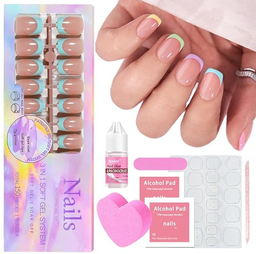 Falsche Nägel Tips Set - 150Stk Press on Nails French Medium Almond, Weiß Rosa Gradient Design Tips für Nägel Full Cover Acryl Künstliche Fingernägel für Frauen & Mädchen (Farbig French, 150x)