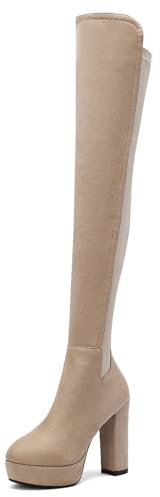 Stivali da Donna con Tacco Alto Sopra Il Ginocchio con Plateau Tacco Alto Stivali Punta Rotonda Zip Stivali Elasticoizzati, K17495Ot Beige Numero 34 EU