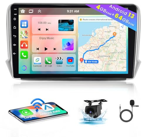 Hikity 8 Core 4GB+64GB Android 15 Autoradio per Peugeot 208/2008 2012-2018 CarPlay Android Auto Senza Fili Bluetooth 10.1 Radio Auto Schermo con Navi Telecamera Posteriore