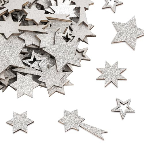 BOFUNX 101pcs Ornamenti Natalizi in Legno Decorazioni Natalizie in Legno con Glitter Stelle in Legno di Natale Addobbi di Natale Legno Fai da Te Artigianato Albero di Natale