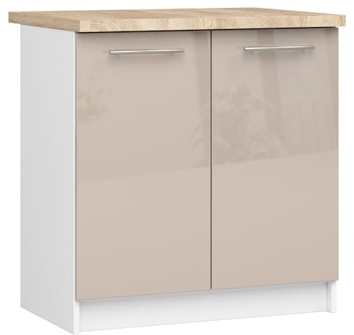 AKORD | Küchenschrank mit Arbeitsplatte - Oliwia S80 | Küchenunterschrank mit 2 Türen und 2 Einlegeböden | Unterschrank Küche 80 cm Breit | ABS-Kante 18 mm | 46 x 80 x 85 cm | Weiß & Cappuccino Glanz