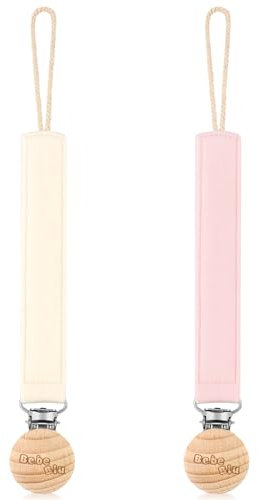 BebeBiu Schnullerkette, 2er-Pack Schnullerband aus Stoff, Extra Weich Stoffband mit Holzclip, Schnullerkette Junge, Schnullerkette Mädchen, Schnullerclip für Neugeborene (Cream/Blush)