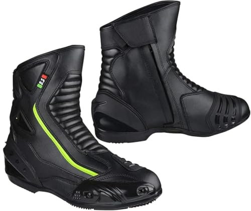 BI ESSE -Stivali Moto In Pelle,Scarpa Per Motocicletta Impermeabile,Traspiranti,Stivaletti Invernali Strada,Protezione Caviglia (Nero/Fluo, Sistema Taglie Calzature EU, Adulto, Numero, Media, 45)