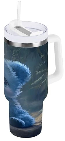 Joli gobelet en acier inoxydable avec paille - Motif ourson bleu - 1200 ml