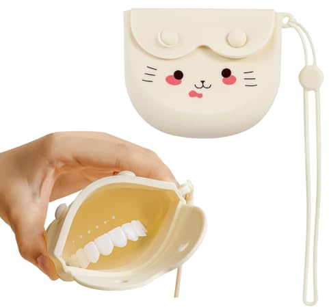 Mlysnd Zahnprothesen Box, Gebissdose Zahnprothesendose, Tragbare Reinigung Halter Silikon Zahnspangen Silikon Aufbewahrungstasche 9,5 X 8 cm(beige)