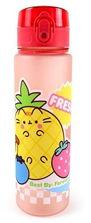 Puckator Pusheen The Cat Fruits Pop Top 600ml Shatterproof Bottle - Reusable Insulated Active Water Bottle Flask for Girls and Boys with A Carry Handle & Straw - Bpa Free - for School Nursery