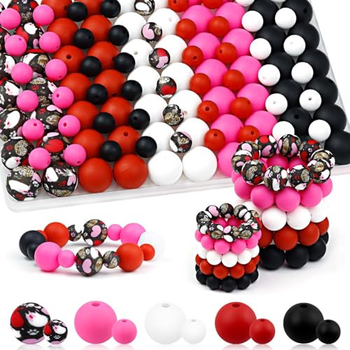 UNOZAVER 100 Stück Silikonperlen Set, 9mm & 15mm Bunt Silikon Bastelperlen für Armbänder, Stifte, Schmuck, DIY Handwerk, Schlüsselanhänger Herstellung (Rot Rosa Schwarz)