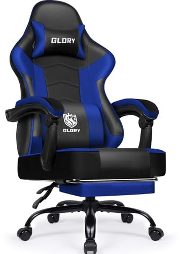 minnouat Gaming Stuhl, Bürostuhl Ergonomisch mit Teleskopische Fußstütze, Gaming Chair mit Kopfstütze und Lendenwirbelstütze,Gaming Sessel gepolstert 150 kg, höhenverstellbarer Gamer Stuhl, Blau