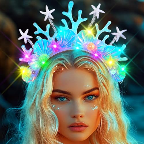 Evlry LED Muschel Haarreif Leuchtend Seestern Kopfschmuck Leuchtender Meerjungfrauen Kostüm Haarschmuck für Damen