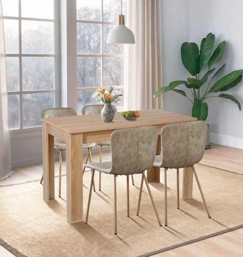 Hallowood Furniture Newquay Oak Rectangular Dining Table and Chairs Set 4 | 120cm Wooden Kitchen Table and Chairs in Taupe Faux Leather and Oak Effect Metal Legs, Easy Assembly 5-piece Dining Room Sets