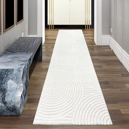 Teppich-Traum Teppich Hoch-Tief-Effekt Kreismuster Creme 80x300 cm | Kuschelig, Saugroboter-geeignet, pflegeleicht, modern, weiche Oberfläche, Wohnzimmer, Esszimmer, Schlafzimmer