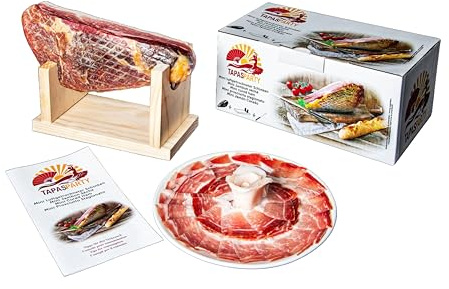Tapas Party Mini Jamón Serrano Mini ham mit Schinkenhalter und Messer | Gourmet-Set von 1 kg | Authentischer spanischer Jamón Serrano | Ideal für Tapas, Aperitifs, Feiern und besondere Anlässe