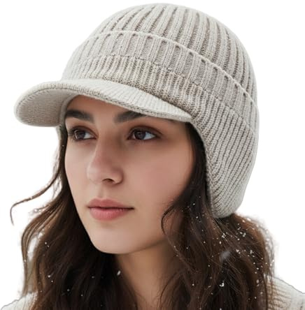 Aukojoy Wintermütze mit Schirm und Ohrenklappen, warmes Fleece-Futter, gestrickte Mütze, weiche Mützenkappe für Herren, ideal für Outdoor-Aktivitäten