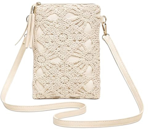 BSITSSS Sac a Main Femme Fleurs Ajourées, Blanc Cuir Sac à Bandoulière avec Germeture à Glissière, Sac Besace Pochette avec Réglables Bandoulière pour Telephone Portable Women Girl