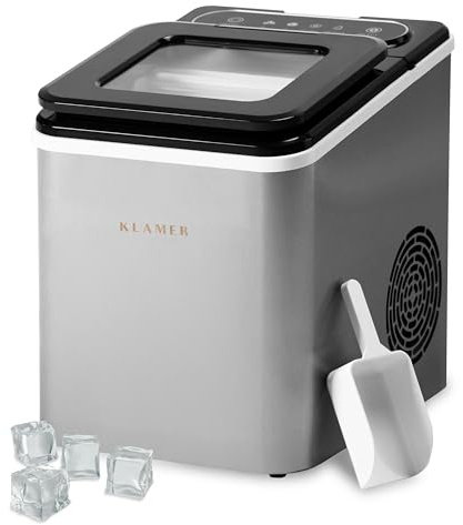 KLAMER Eiswürfelmaschine Edelstahl, 8–10 kg/24h, Quadratische Eiswürfel Klein & Groß, 12 Stück in 15 Min, 1,5 L Tank, Selbstreinigung, Touch Display, Ice Maker