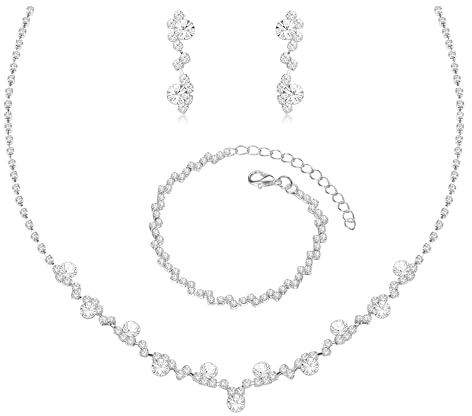 Roheafer Silber Strass Brautschmuck Set für Damen Schmuckset Silber | Kristall Choker Halskette mit Armband & Ohrringe, Hochzeitsschmuck Sets für Braut und Brautjungfer Party Prom Kostüm Zubehör