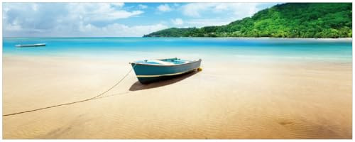 Wallario Memoboard aus Glas mit Motiv, Magnet-Tafel in 32 x 80 cm in Premium Qualität Urlaub am Palmenstrand unter Palmen mit Fischerboot
