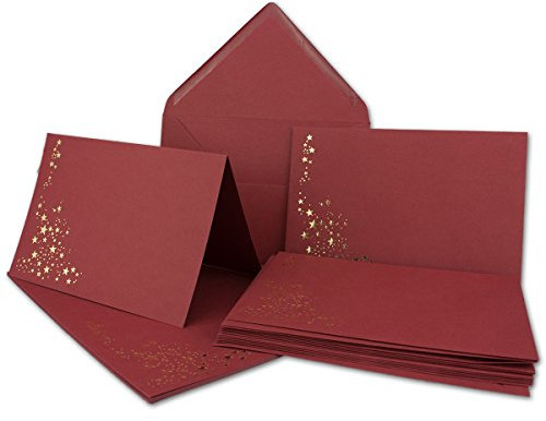 NEUSER PAPIER 10x Faltkarten-Set mit Umschlägen DIN B6 - Dunkelrot (Rot) mit goldenen Metallic Sternen - 10 Stück (10 Karten & 10 Umschläge) - Ideal für Weihnachtskarten