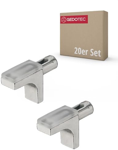 Gedotec Glas-Bodenträger 5 mm Fach-Bodenträger Holz Regalbodenträger - H9637 | Möbel-Tablarträger zum Einstecken | Stahl vernickelt - Kunststoff transparent | 20 Stück - Regalstifte für Bohrlöcher