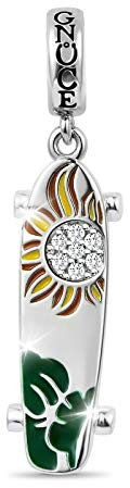 GNOCE Skateboard Charms Anhänger 925 Sterling Silber Mit Blumenmuster und Zirkon Stein Passt Alle Armbänder und Halsketten Bestes Geschenk für Skateboardfahrer